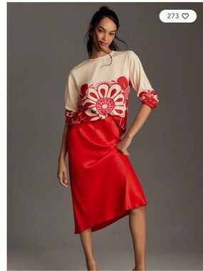 Farm Rio x Anthropologie Oversized Cream Tee Sweater with Red & Pink Graphic